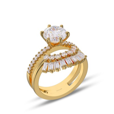 Yellow Gold Round Cut White Sapphire 925 Sterling Silver Enhanced Engagement Ring