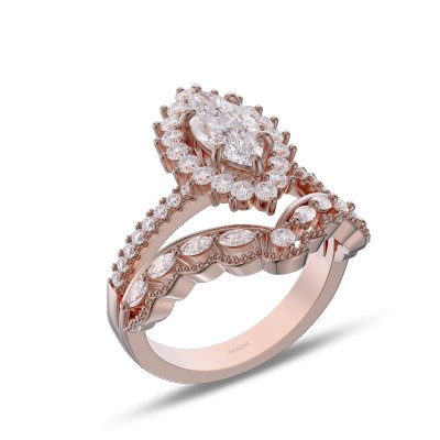 Rose Gold Marquise Cut White Sapphire 925 Sterling Silver Halo Curved Engagement Ring
