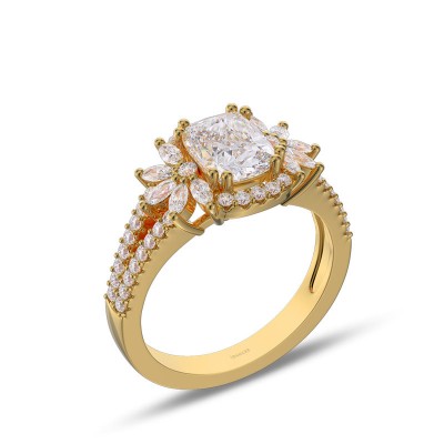 Yellow Gold Cushion Cut White Sapphire 925 Sterling Silver Halo Engagement Ring