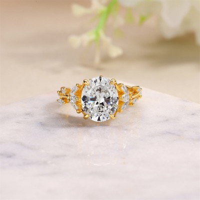 Yellow Gold Oval Cut White Sapphire 925 Sterling Silver Vines Leaf Engagement Ring