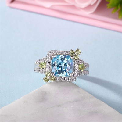 Cushion Cut Aquamarine 925 Sterling Silver Halo Engagement Ring