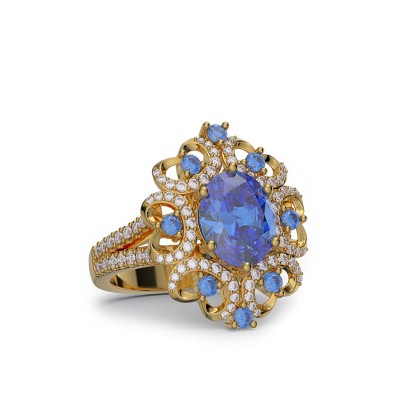 Yellow Gold Art Deco Oval Cut Blue Sapphire 925 Sterling Silver Engagement Ring