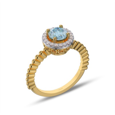 Yellow Gold Round Cut Aquamarine 925 Sterling Silver Halo Engagement Ring