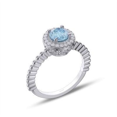 Round Cut Aquamarine 925 Sterling Silver Halo Engagement Ring