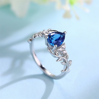 Pear Cut Blue Sapphire 925 Sterling Silver Leaf Engagement Ring