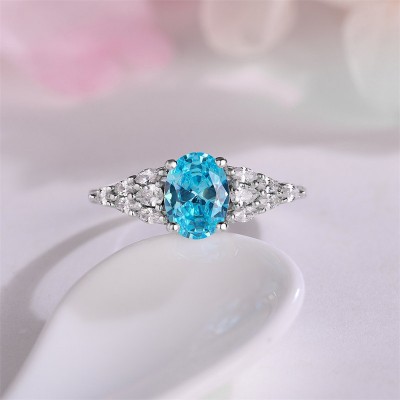 Oval Cut Aquamarine 925 Sterling Silver Cluster Engagement Ring