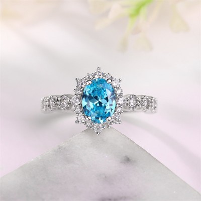 Oval Cut Aquamarine 925 Sterling Silver Halo Engagement Ring
