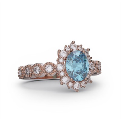 Rose Gold Oval Cut Aquamarine 925 Sterling Silver Halo Engagement Ring