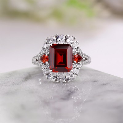 Radiant Cut Garnet 925 Sterling Silver Halo Engagement Ring