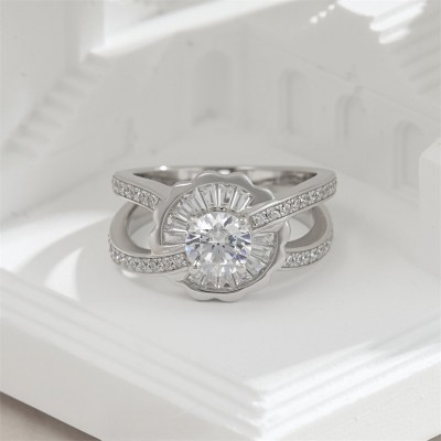 Round & Baguette White Sapphire 925 Sterling Silver Cross Engagement Ring