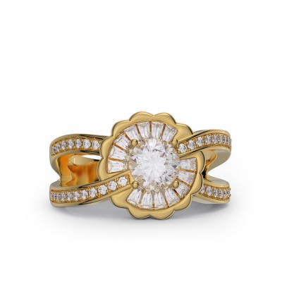 Yellow Gold Round & Baguette White Sapphire 925 Sterling Silver Cross Engagement Ring