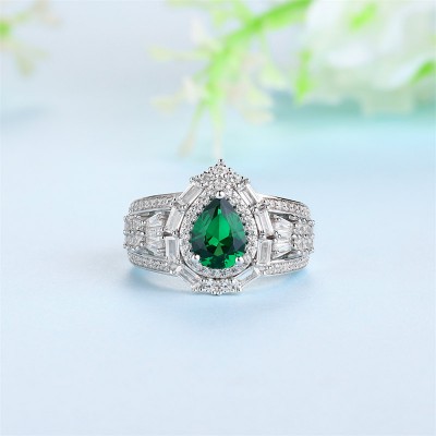 Pear Cut Emerald 925 Sterling Silver Double Halo Engagement Ring