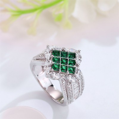 Princess Cut Emerald 925 Sterling Silver Cluster Engagement Ring
