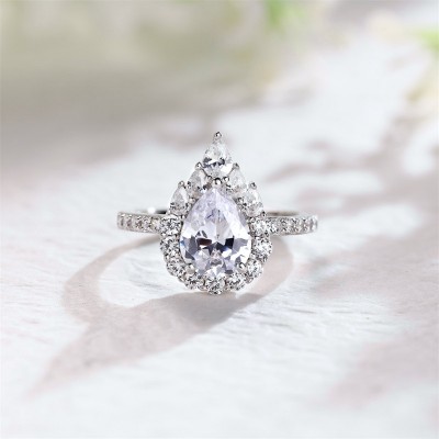Pear Cut White Sapphire 925 Sterling Silver Halo Engagement Ring