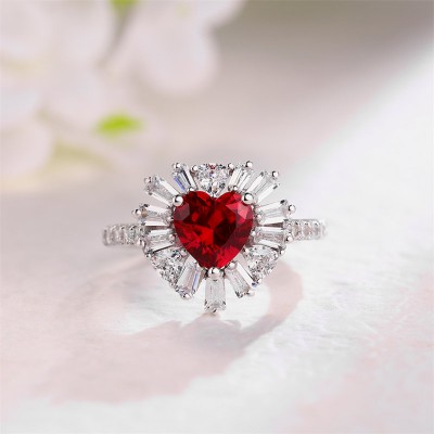 Heart Cut Ruby 925 Sterling Silver Halo Engagement Ring