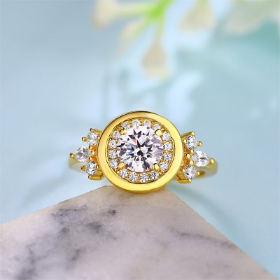 Yellow Gold Round Cut White Sapphire 925 Sterling Silver Halo Bezel Engagement Ring
