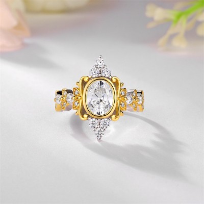Vintage Oval Cut White Sapphire 925 Sterling Silver Two Tone Bezel Ring