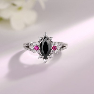 Marquise Cut Black Sapphire 925 Sterling Silver Engagement Ring