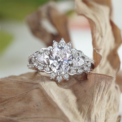 Oval Cut White Sapphire 925 Sterling Silver Halo Engagement Ring