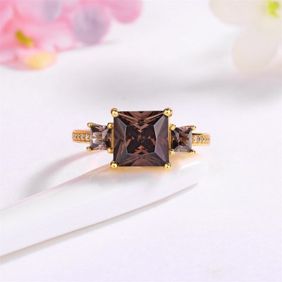 Yellow Gold Princess Cut Chocolate 925 Sterling Silver 3-Stone Engagement Ring
