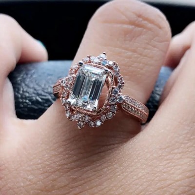 Rose Gold Emerald Cut White Sapphire Sterling 925 Silver Halo Engagement Ring