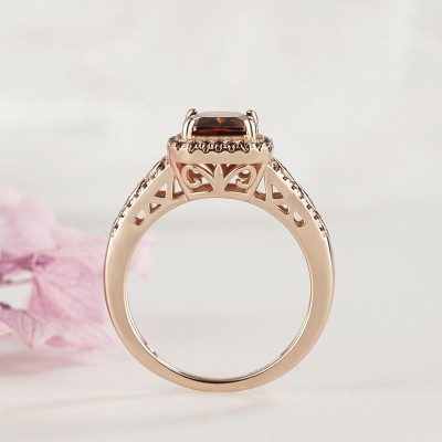 Rose Gold Emerald Cut Chocolate Sterling Silver Halo Engagement Ring 