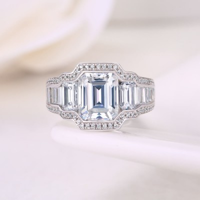 Vintage Emerald Cut White Sapphire Sterling Silver 3-Stone Engagement Ring