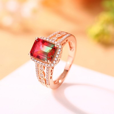 Rose Gold Emerald Cut Watermelon Sterling Silver Halo Engagement Ring 