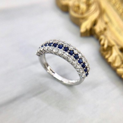 Round Cut Blue Sapphire Inlaid Sterling Silver Women's Wedding Band