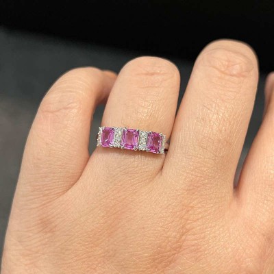 Emerald Cut Pink Sapphire 925 Sterling Silver 3-Stone Women's Band