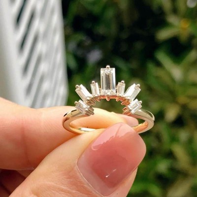 Yellow Gold Emerald Cut White Sapphire 925 Sterling Silver Women's Band