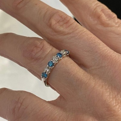 Round Cut Blue Sapphire 925 Sterling Silver Alternating Design Women's Wedding Band
