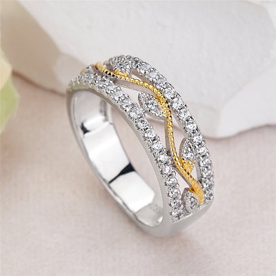 Round Cut White Sapphire 925 Sterling Silver Two-Tone Women's Band