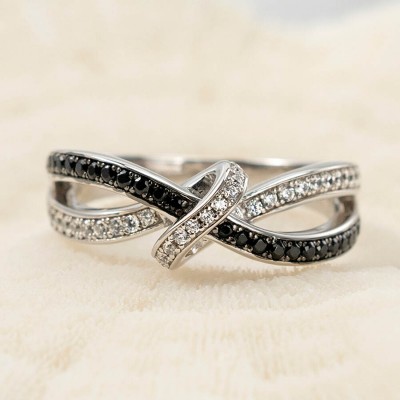 Round Cut Black & White Sapphire Infinity Love Knot Ring for Her