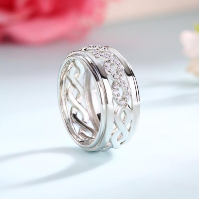 Round Cut White Sapphire Twisted Sterling Silver Eternity Men's Band