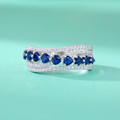  Heart Cut Blue Sapphire Cross 925 Sterling Silver Women's Wedding Band