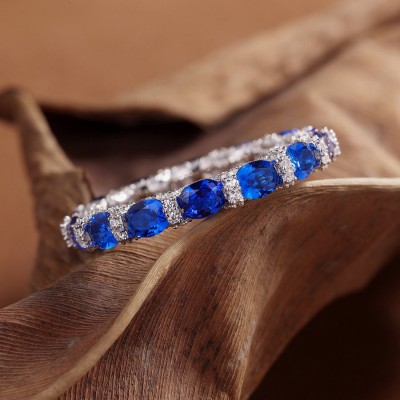 Oval Cut Blue Sapphire 925 Sterling Silver Women's Band