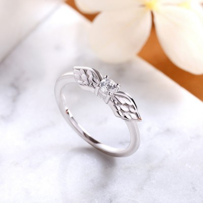 Round Cut White Sapphire 925 Sterling Silver Angel Wings Engagement Ring