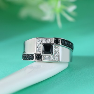 Princess Cut Black Sapphire 925 Sterling Silver Men's Wedding Band