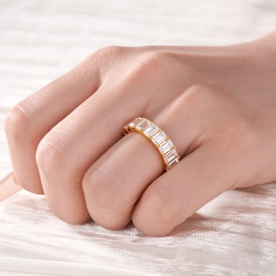 Yellow Gold Emerald Cut White Sapphire 925 Sterling Silver Women's Band