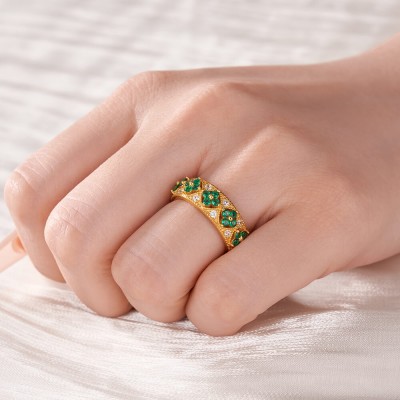 Yellow Gold Emerald 925 Sterling Silver Clover Women's Band