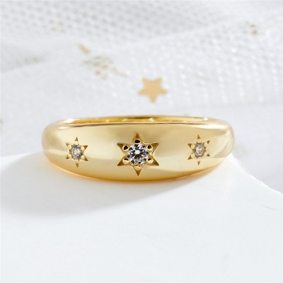Yellow Gold Round Cut White Sapphire 925 Sterling Silver Starburst 3 Stone Women's Band