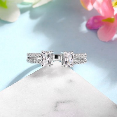 Two Stone Emerald Cut White Sapphire 925 Sterling Silver Women's Band