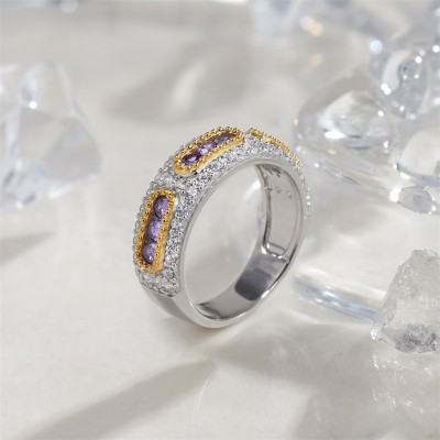 Round Cut Amethyst 925 Sterling Silver Two Tone Women's Band
