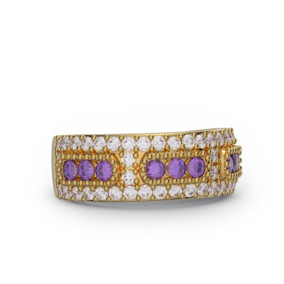 Yellow Gold Round Cut Amethyst 925 Sterling Silver Women's Band