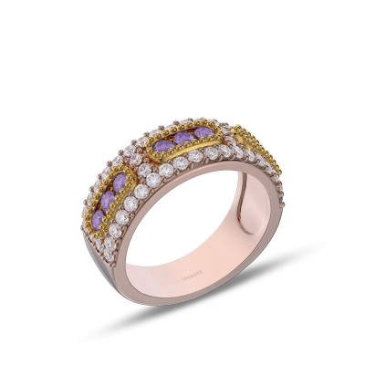 Rose Gold Round Cut Amethyst 925 Sterling Silver Two Tone Women's Band