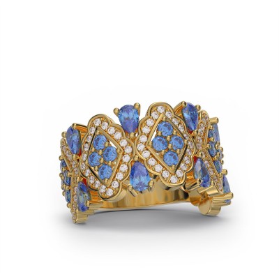 Yellow Gold Art Deco Blue Sapphire 925 Sterling Silver Women's Band