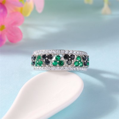 Black Sapphire and Emerald 925 Sterling Silver Women's Band