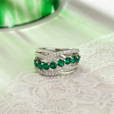 Round Cut Emerald 925 Sterling Silver Cross Women's Band