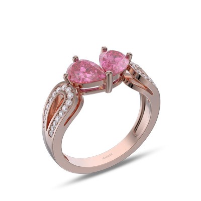 Rose Gold Pear Cut Pink Sapphire 925 Sterling Silver Heart Shape Promise Ring